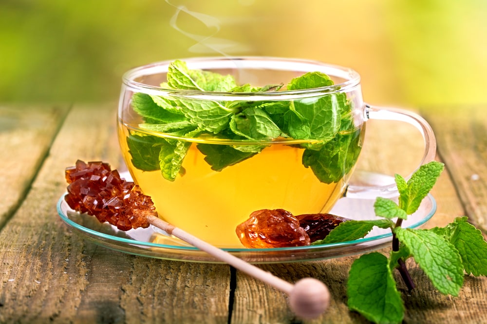 tea in a glass with mint and a leaf