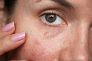 woman toucher her face that has spider veins